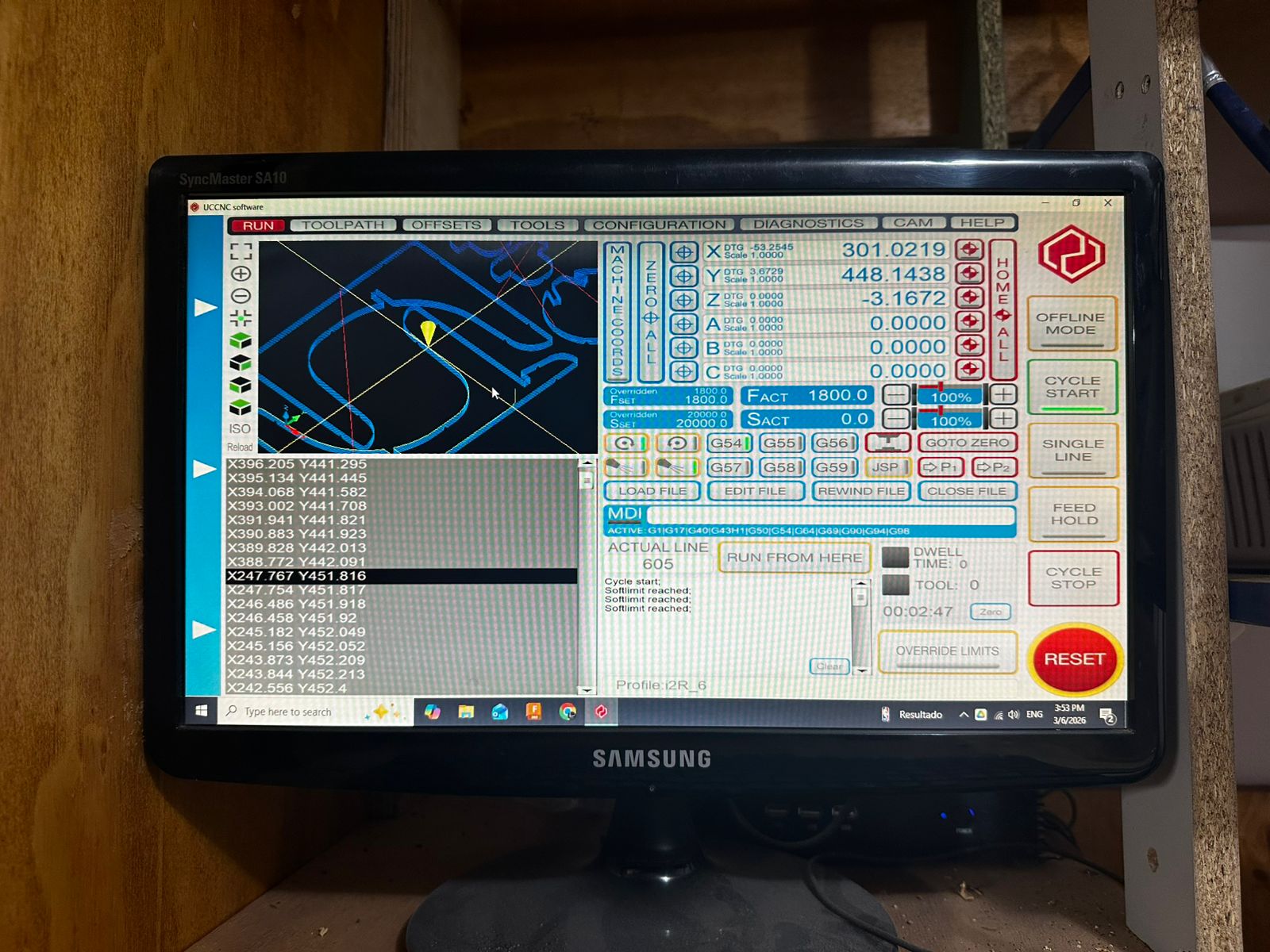 CNC control software loading the file