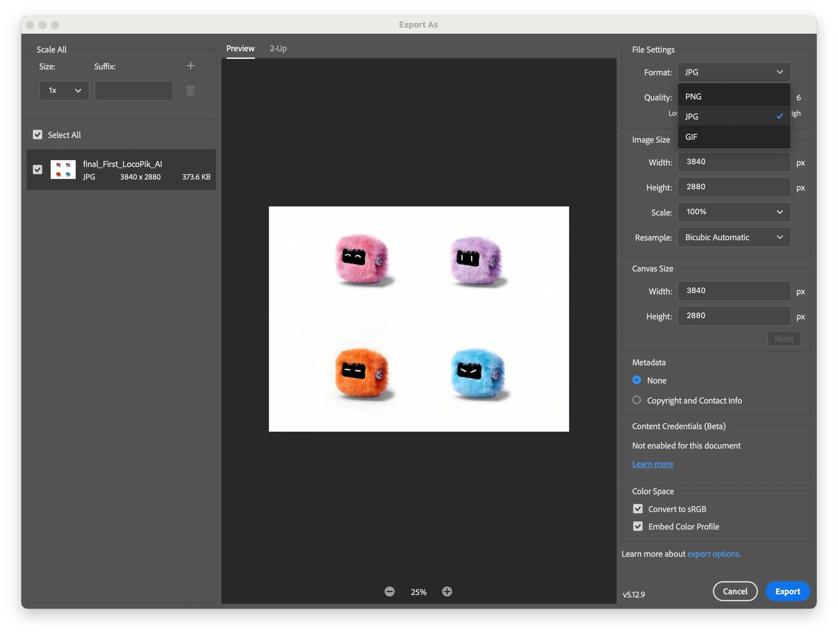 Export settings in Photoshop
