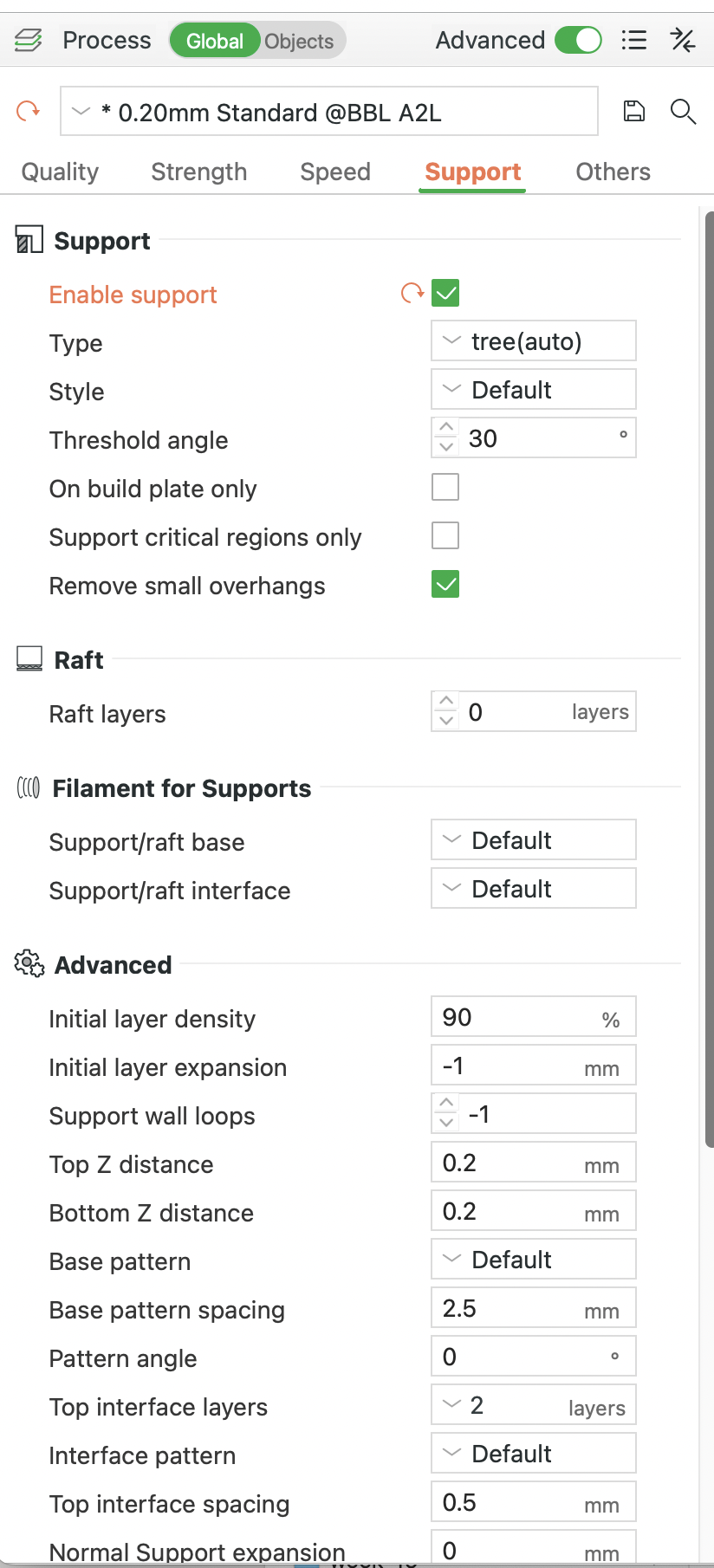 Bambu Studio support settings panel for the LEGO-inspired block