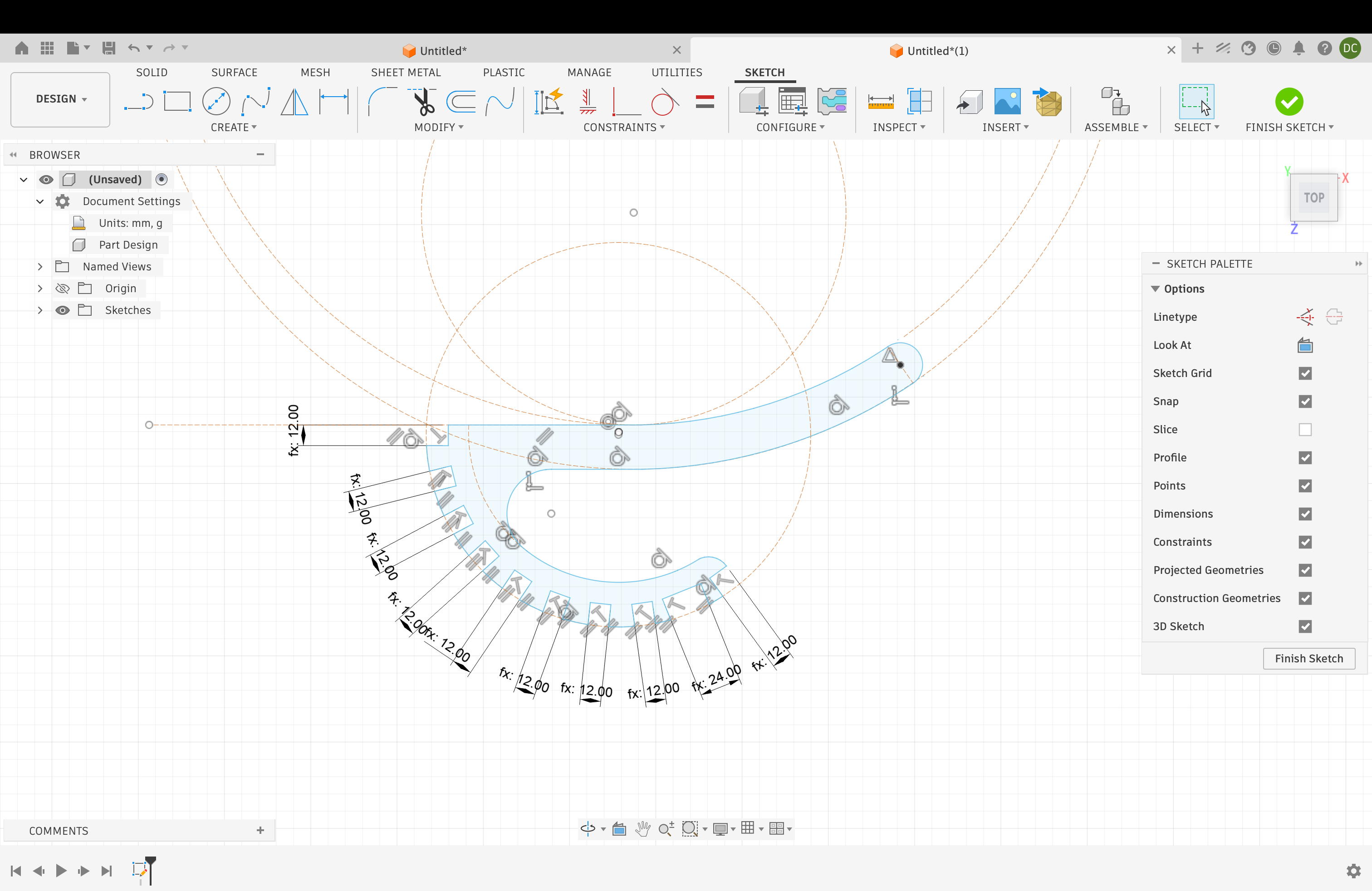 Fusion 360 sketch of the armrest area