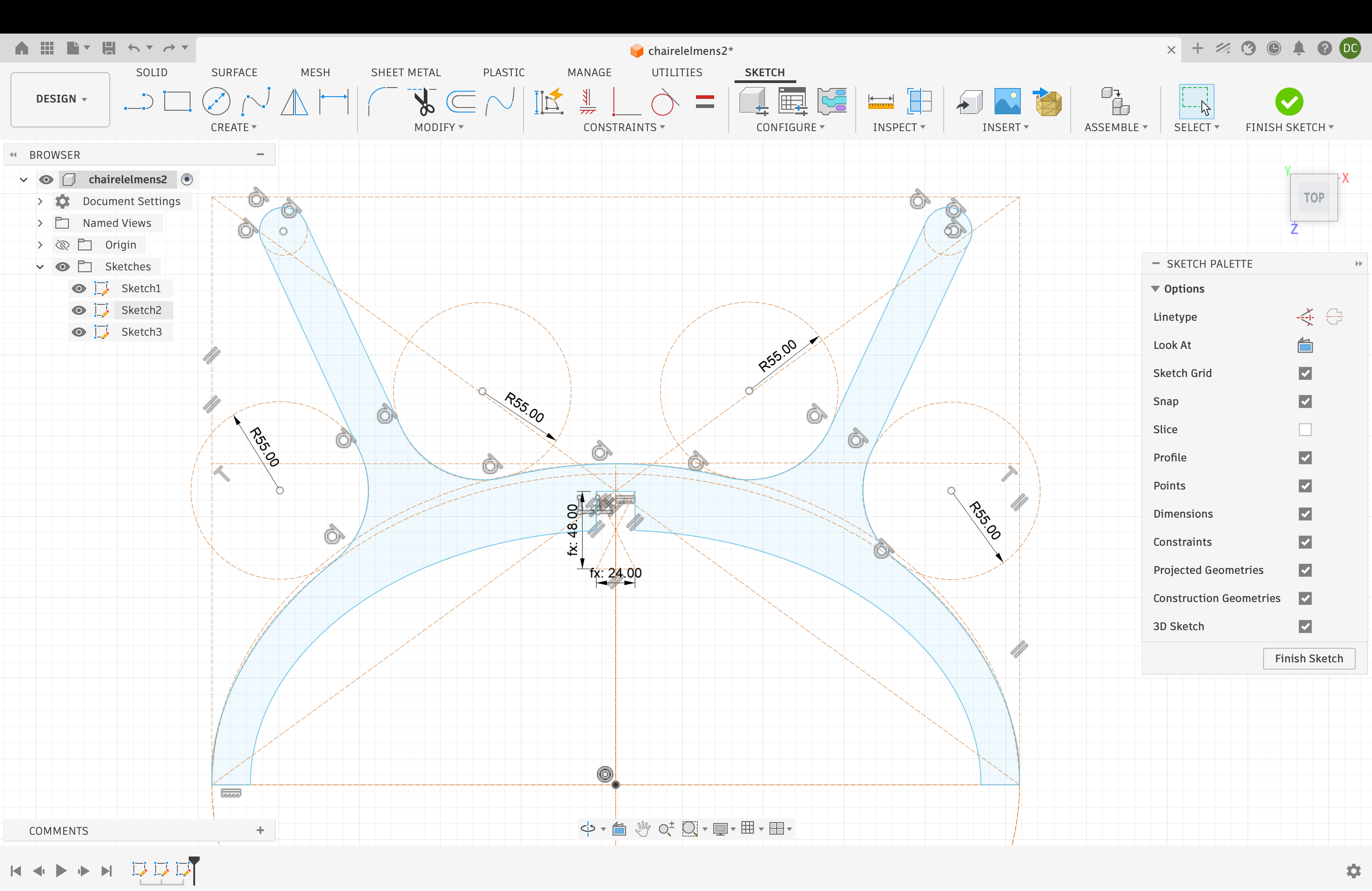 Fusion 360 sketch of the seat curve