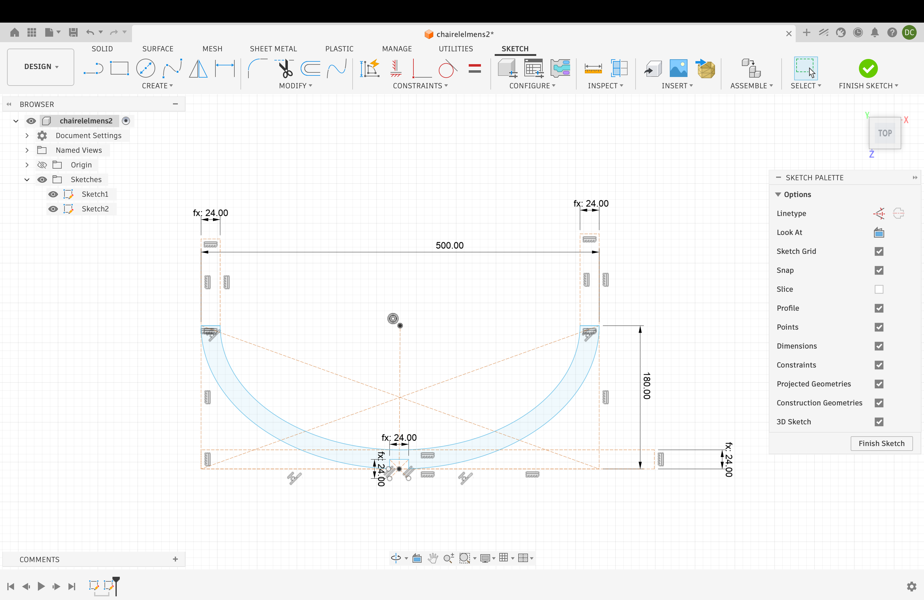 Fusion 360 sketch of the support transition