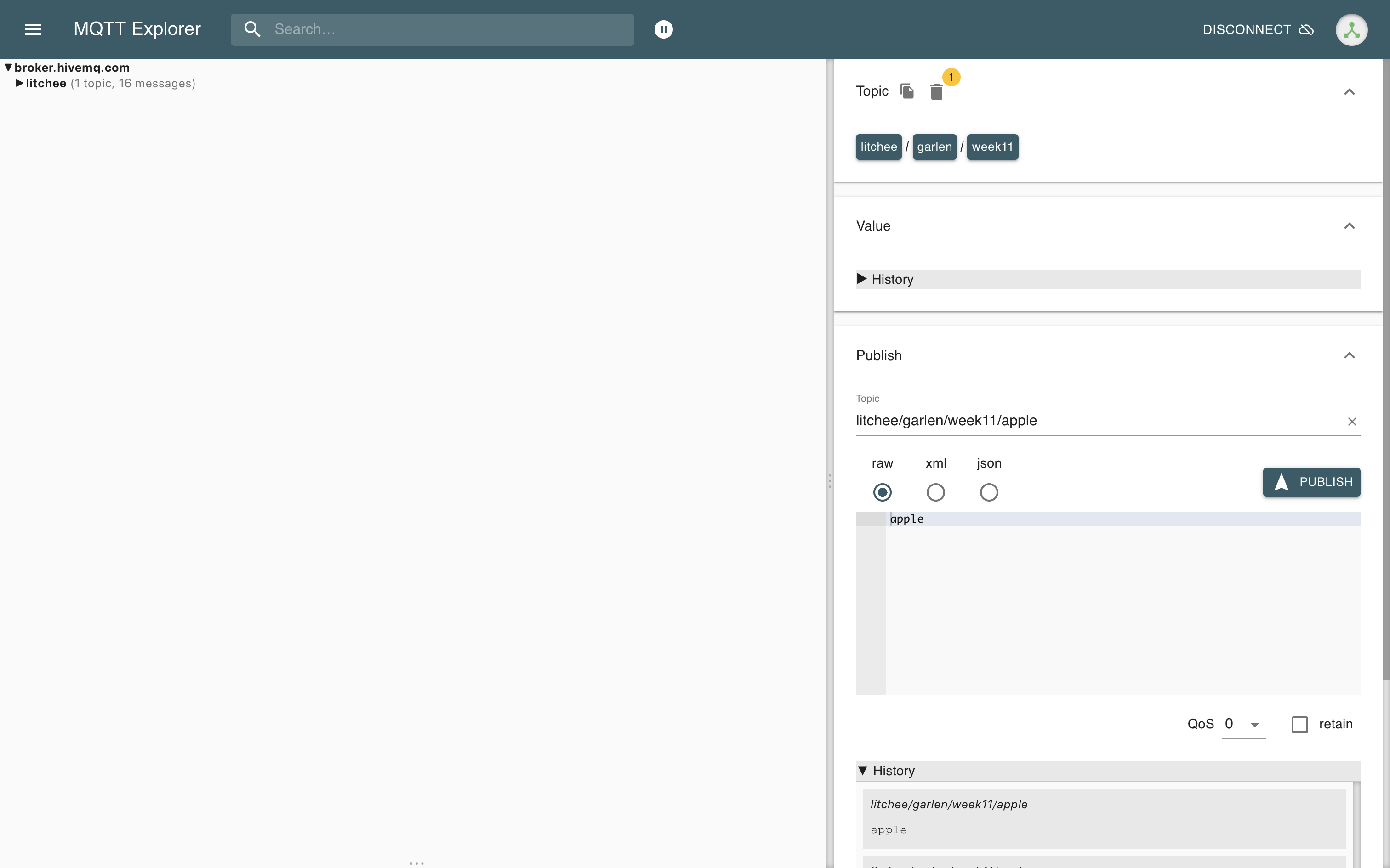 Manual MQTT publish test using apple message