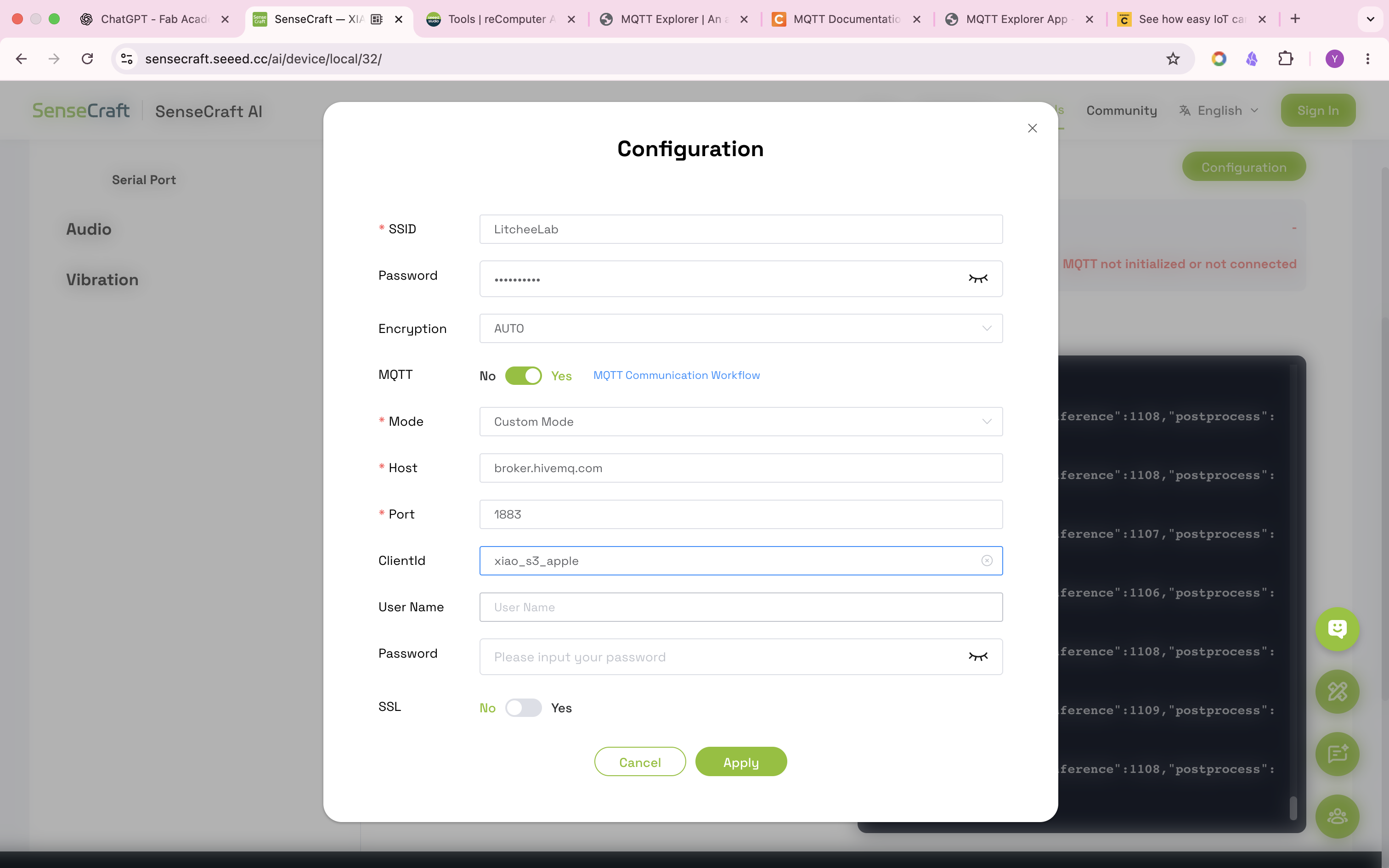 SenseCraft MQTT configuration