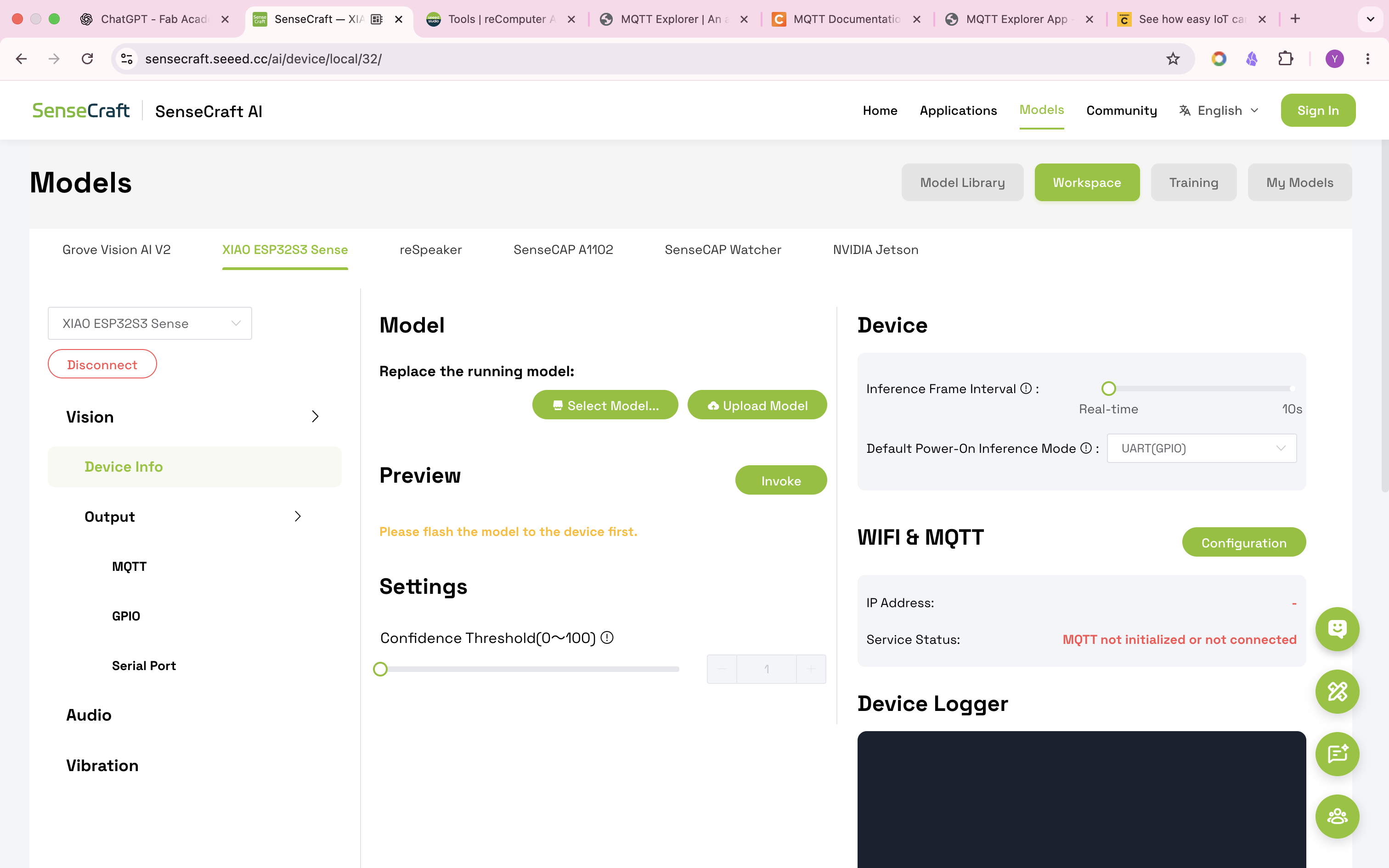 SenseCraft AI workspace for XIAO ESP32S3 Sense