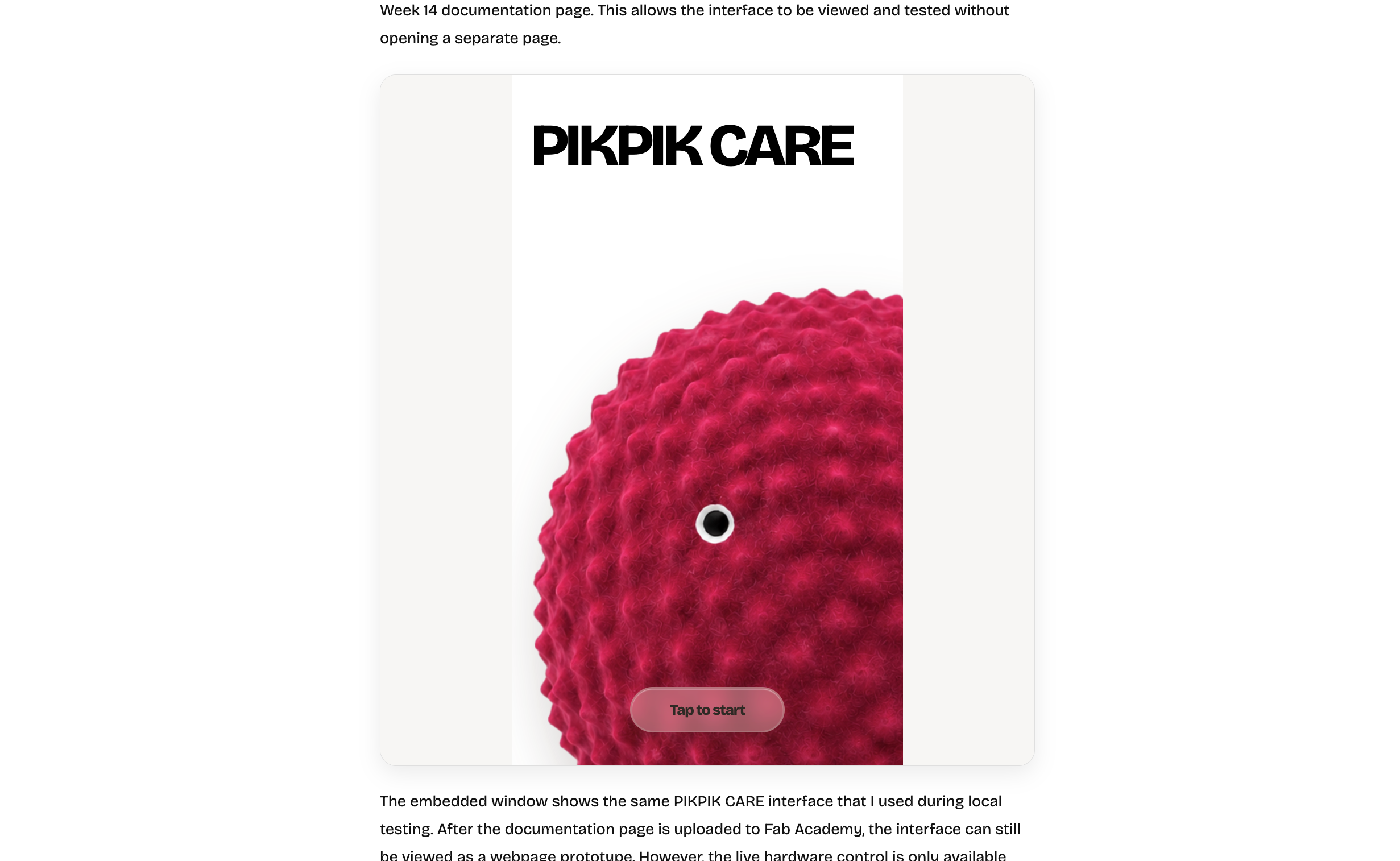 Embedded PIKPIK CARE preview window inside Week 14 documentation