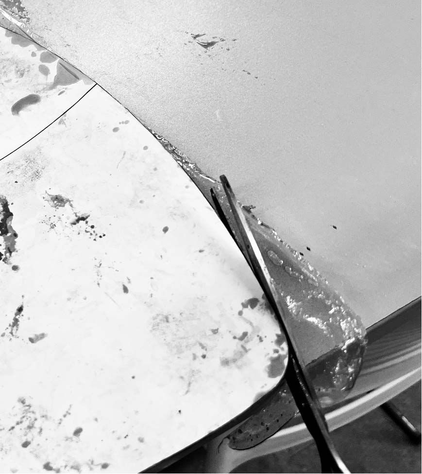 Cutting the dried bio-material sheet with scissors