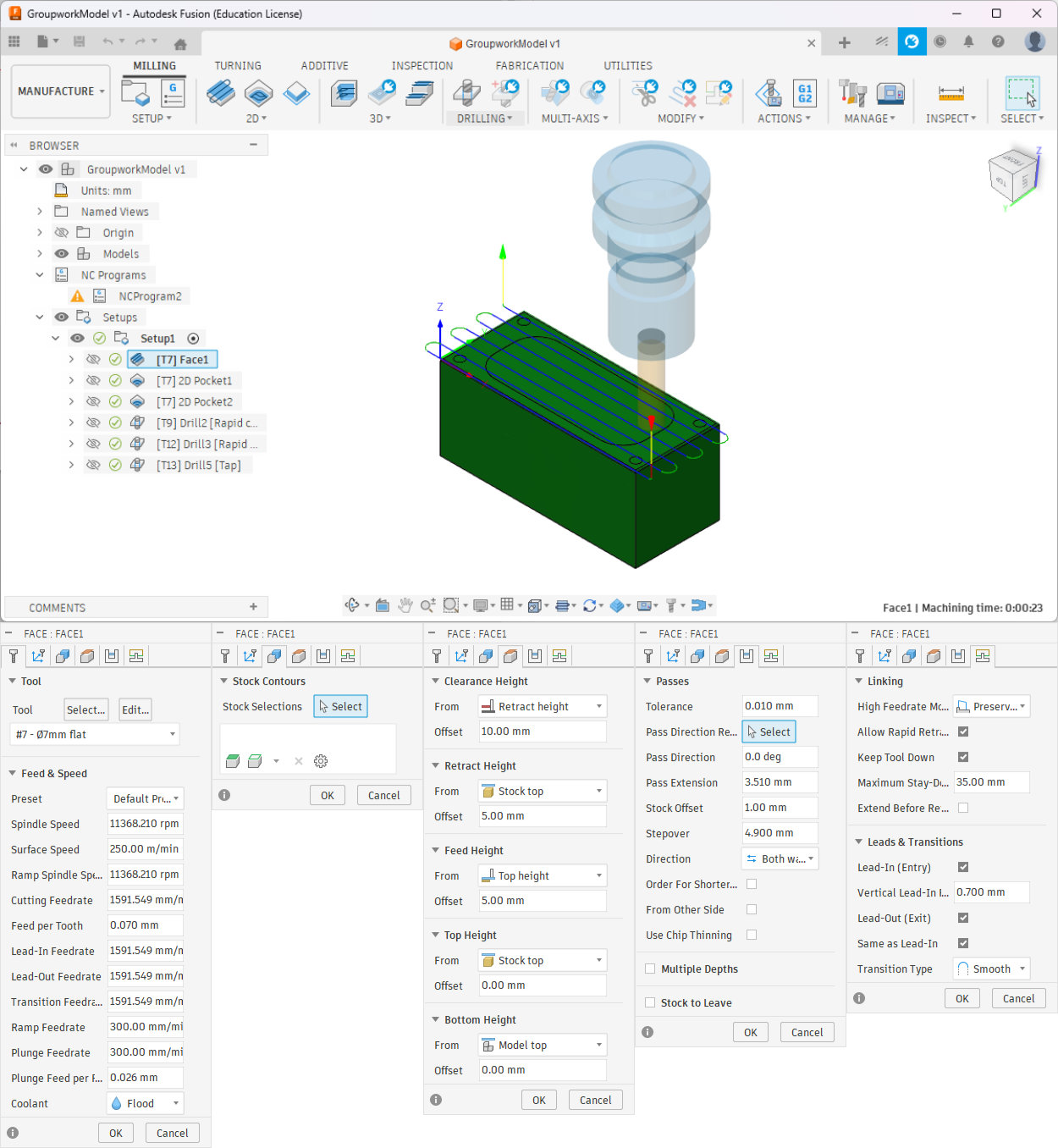 Facing toolpath and it's parameters. To face the whole stock don't select anything as geometry.
