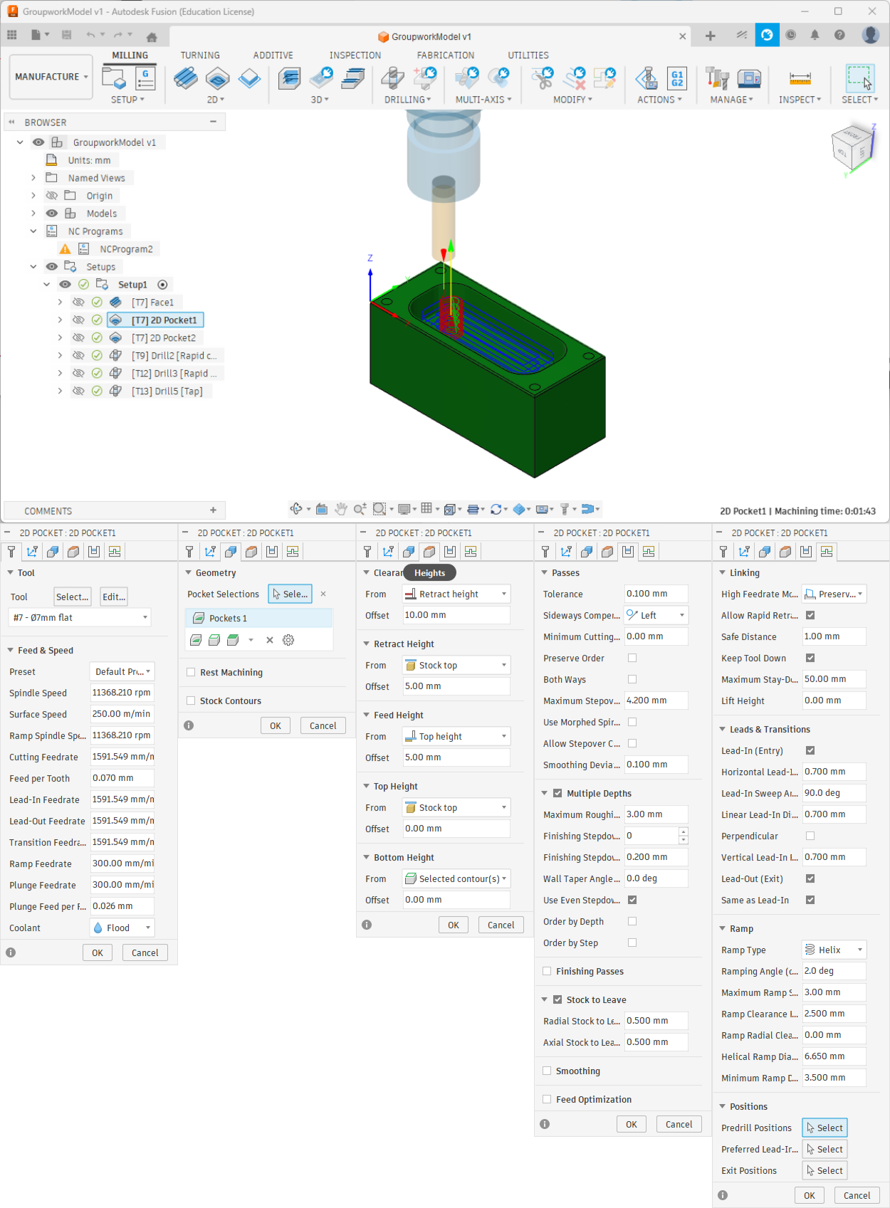 Pocket roughing toolpath and it's parameters. It was done in multiple depths. 0.5 mm of radial and axial stock was left for finishing.