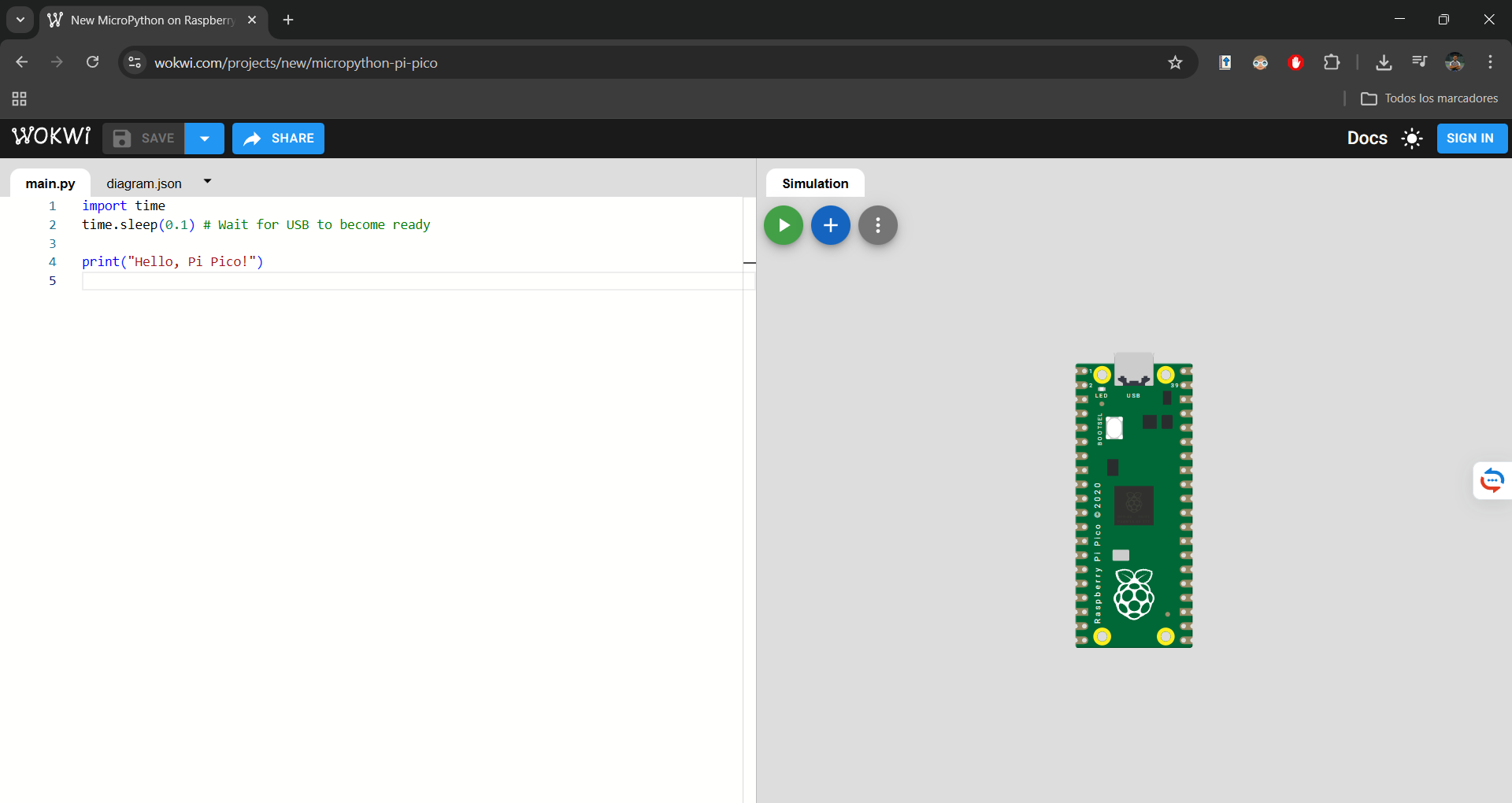 Raspberry Pi Pico setup in Wokwi