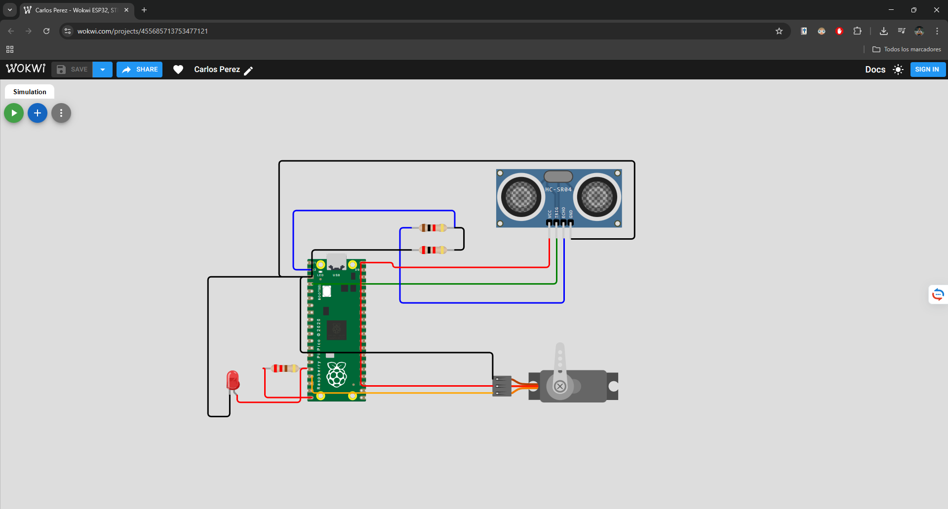 Complete diagram with Pico, ultrasonic sensor, servo, LED and buzzer