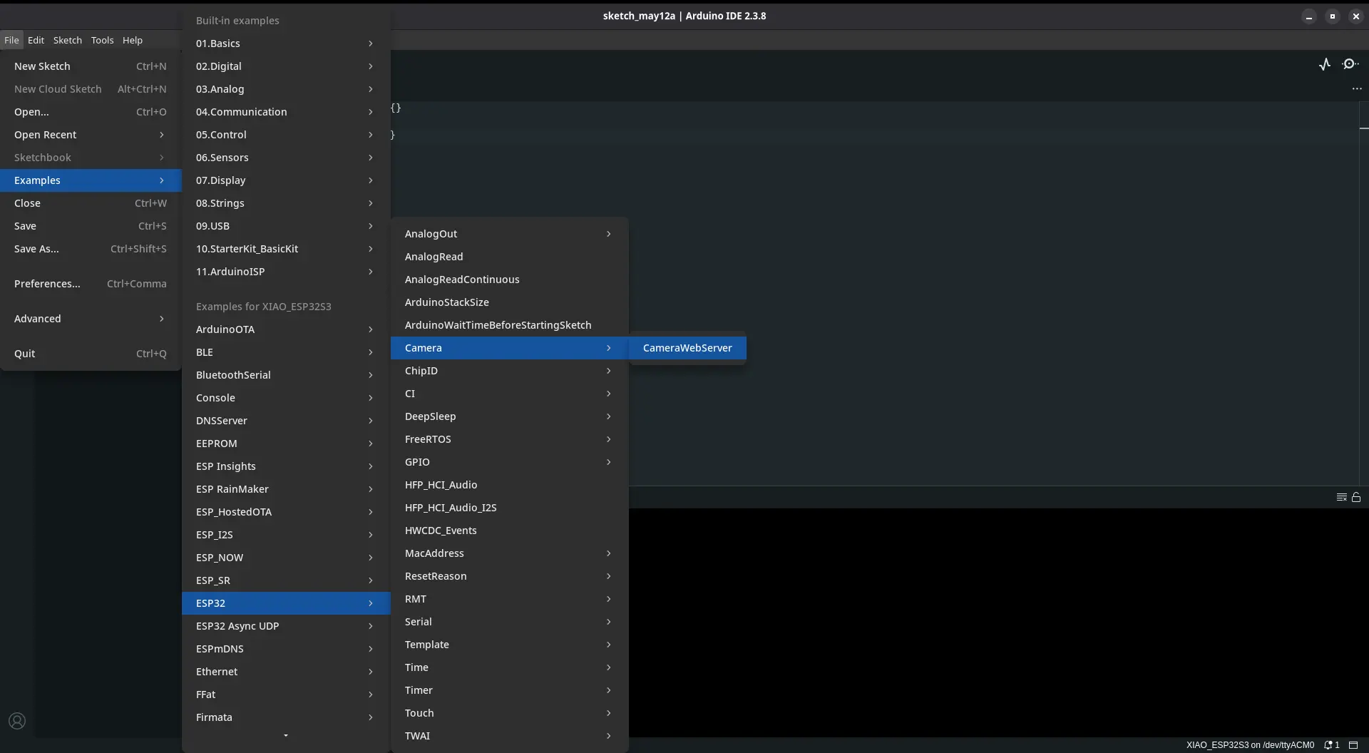 Arduino IDE Camera Example Location