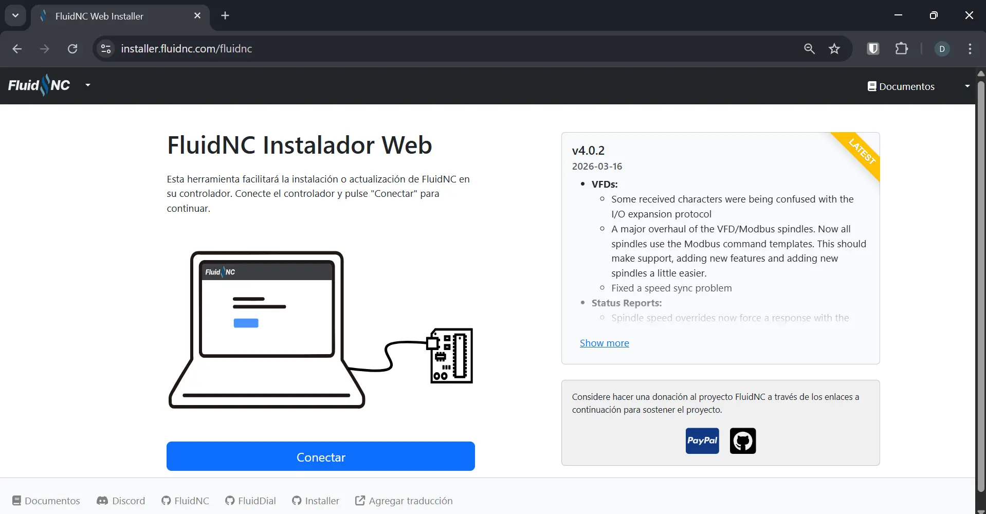 FluidNC installer connect page