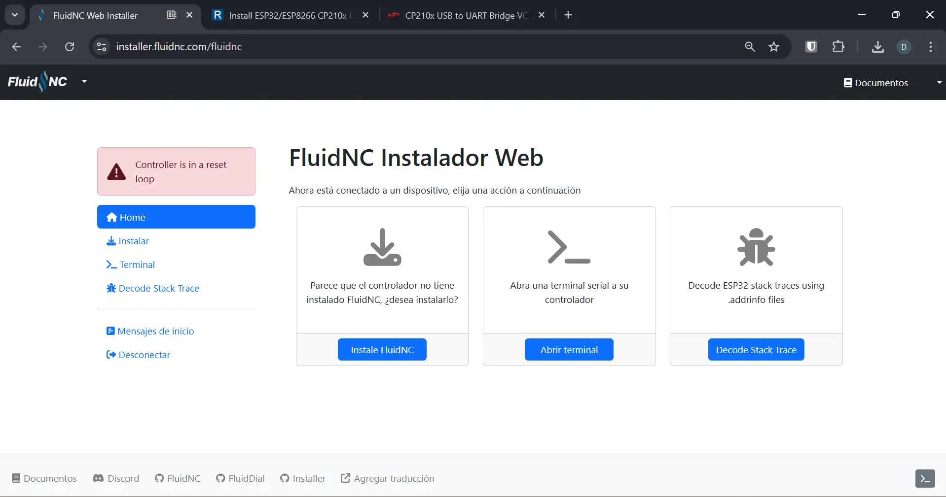 FluidNC installer install page
