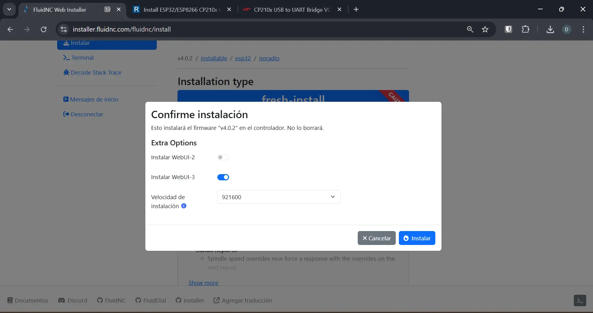 FluidNC installer installer second page