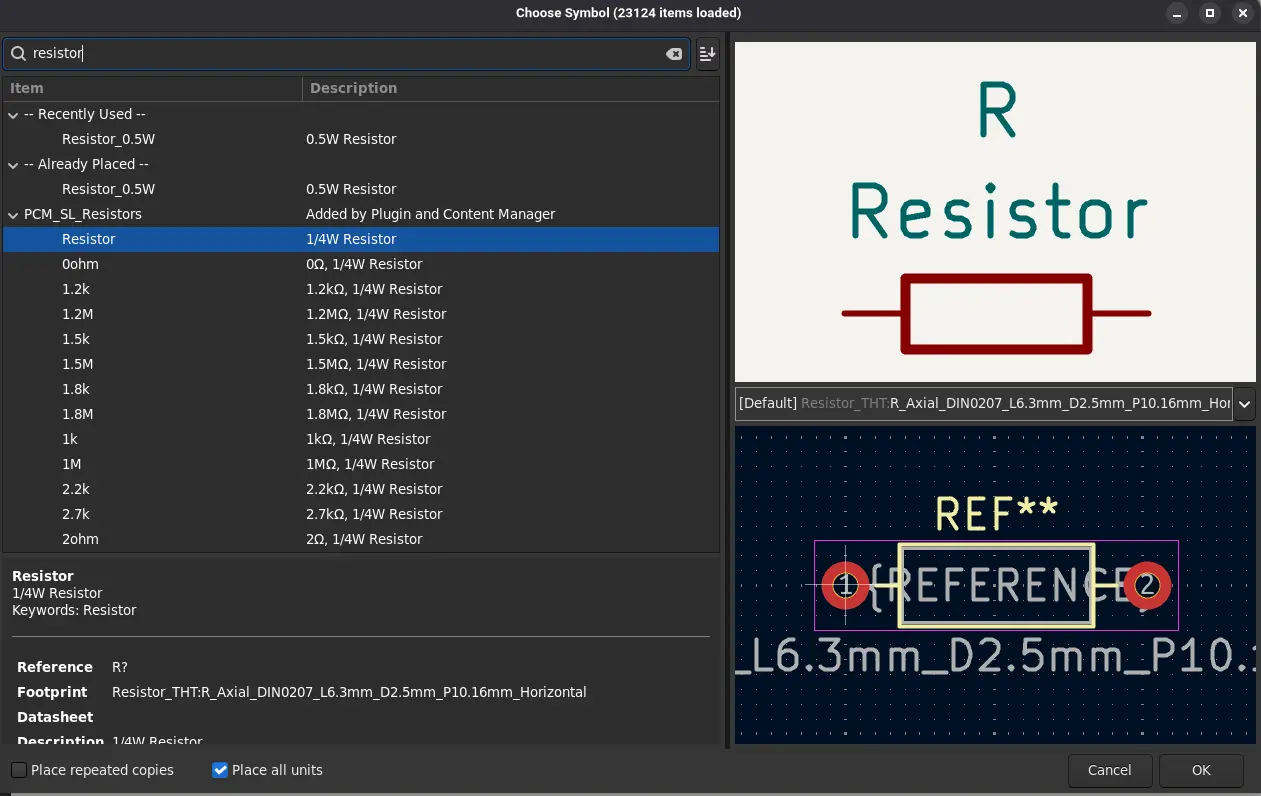 KiCAD Symbol selection menu