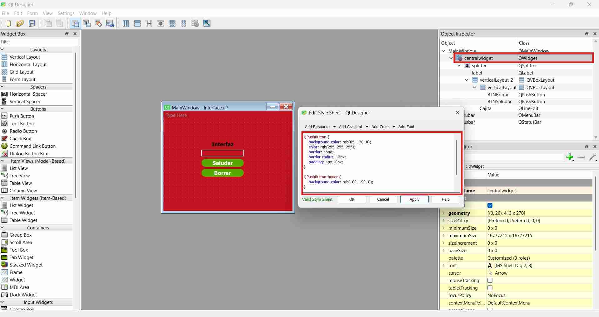 Central Widget Properties