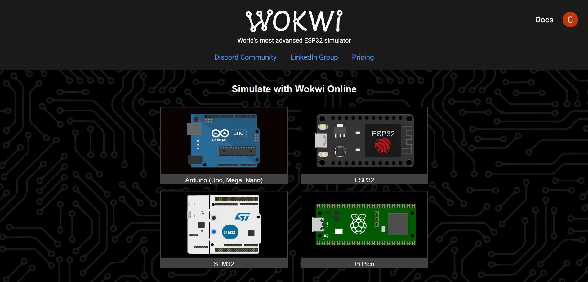 Wokwi main menu
