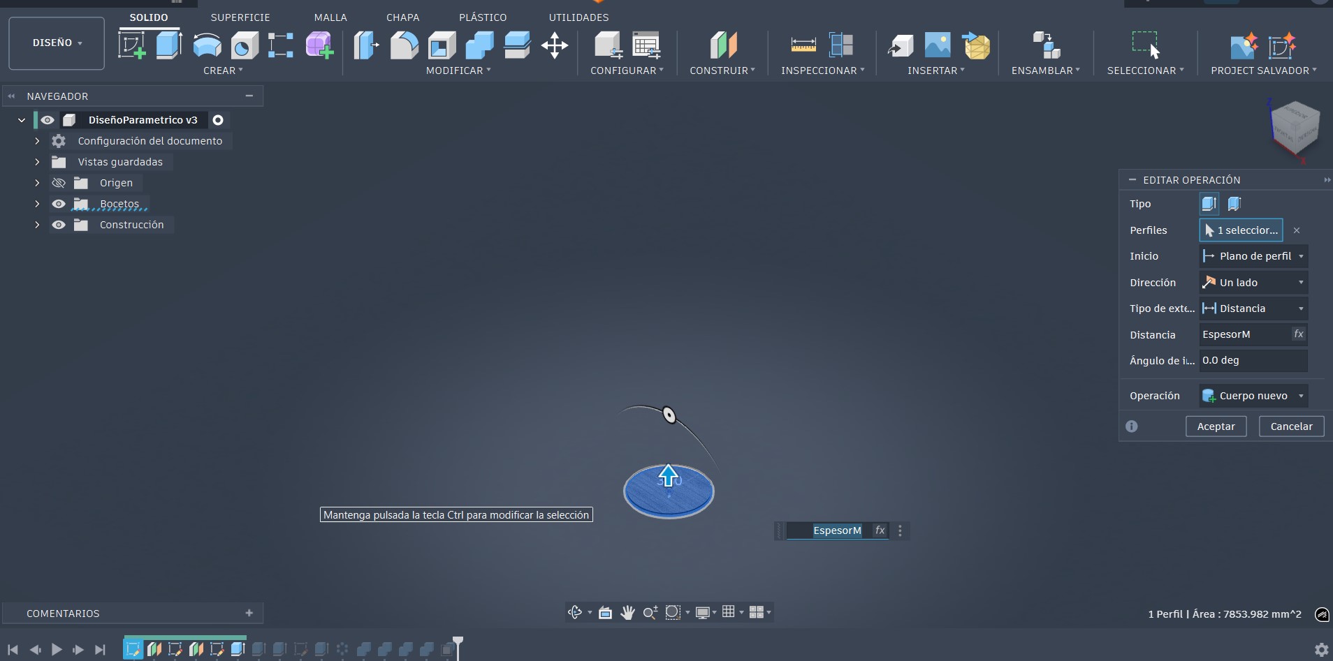 Profile extrusion using parametric thickness