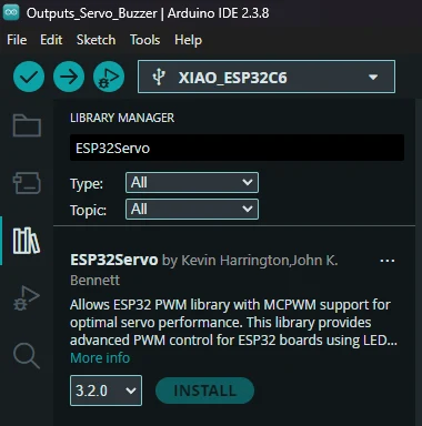 Library Manager showing ESP32Servo installation