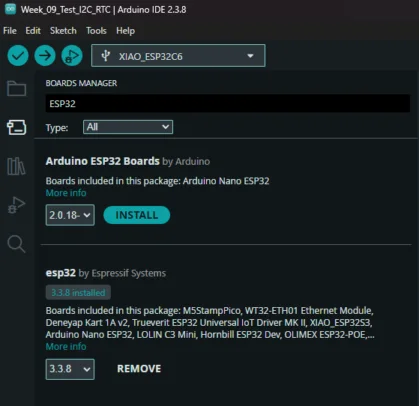 Boards Manager showing ESP32 package