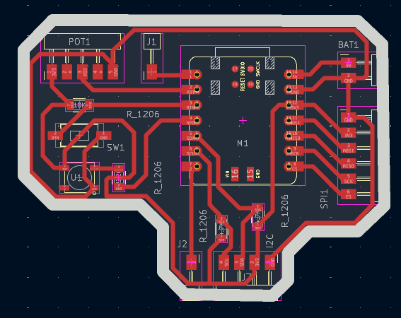 PCB layout view in KiCad showing all traces