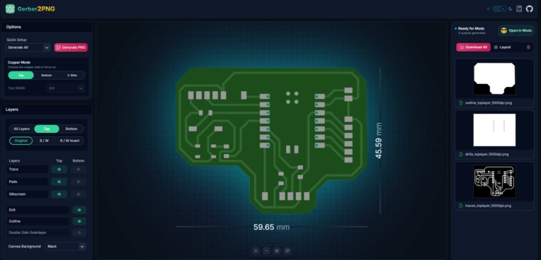 Mods Projects PNG output showing traces and outline