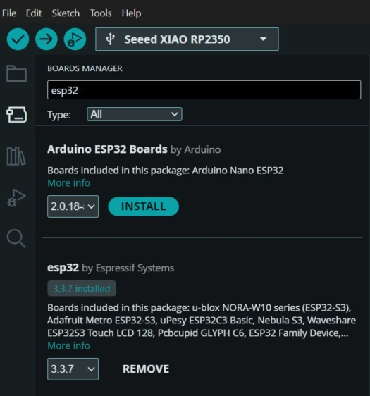 Arduino IDE Boards Manager showing ESP32 package