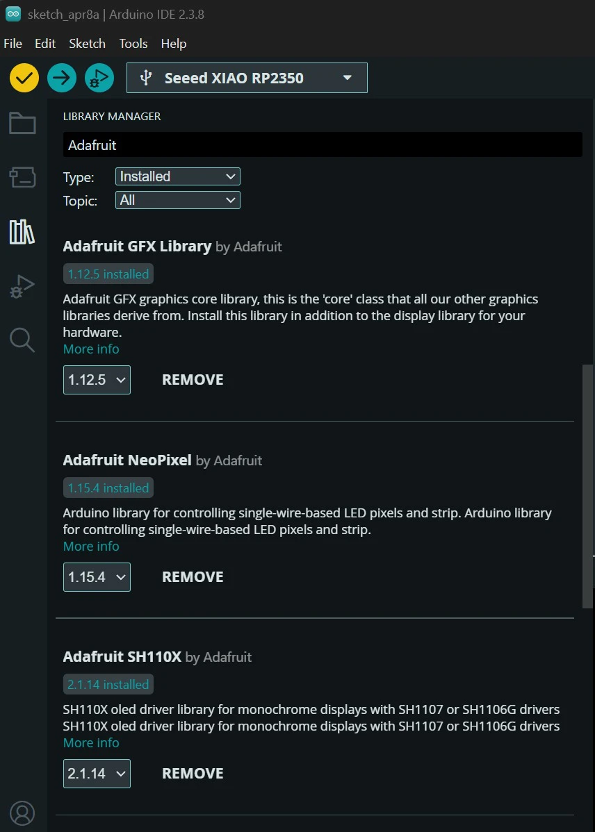 Arduino IDE Library Manager showing the required libraries for the project