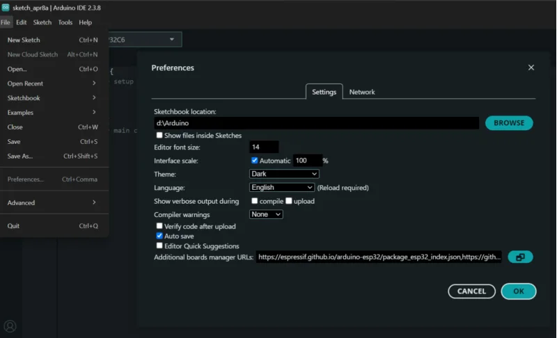 Arduino IDE Preferences window showing the Additional Boards Manager URLs field