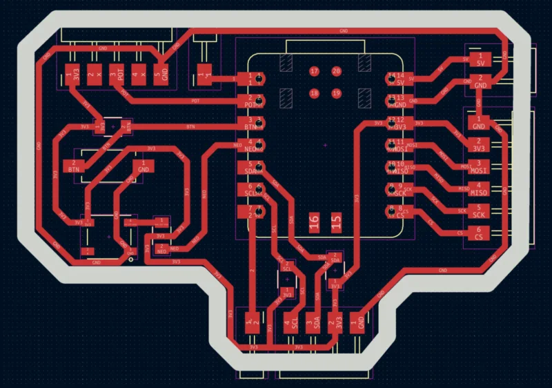 PCB layout view in KiCad showing all traces