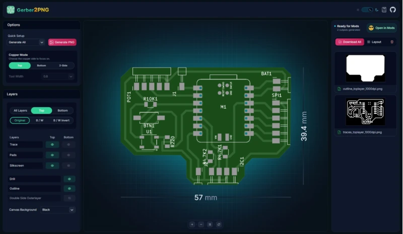 Mods Projects PNG output showing traces and outline