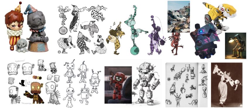 Moodboard combining robot and circus references