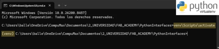 Terminal showing a Python virtual environment activated