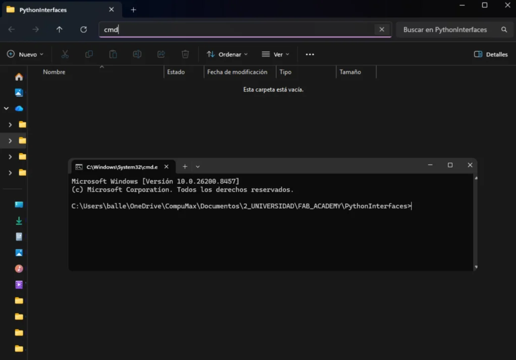 Project folder selected for the Python interface
