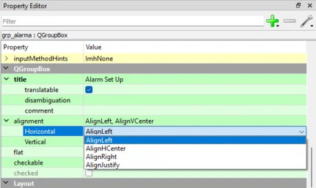 Qt Designer Property Editor showing widget properties