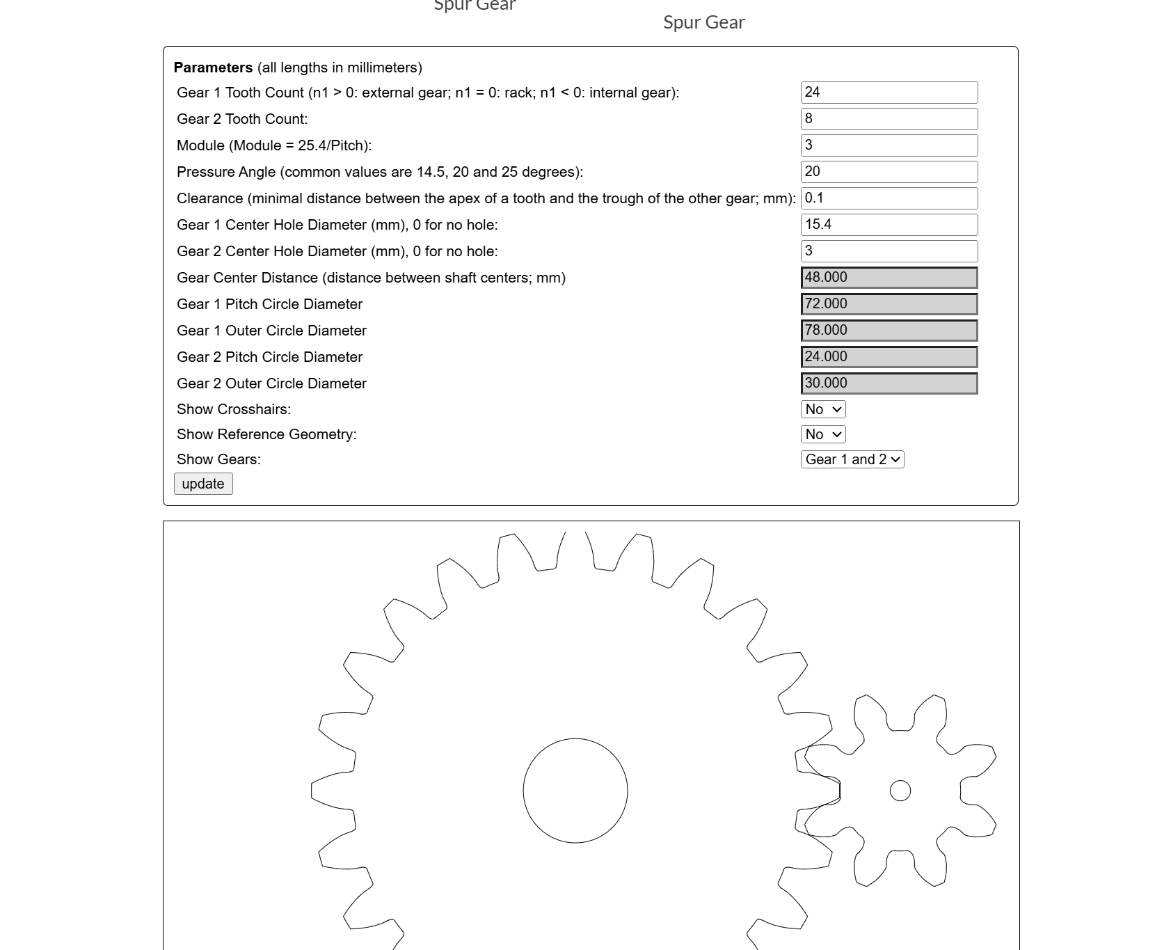 Free Gear Generator (Evolvent Design) program interface showing the gear configuration with the chosen parameters