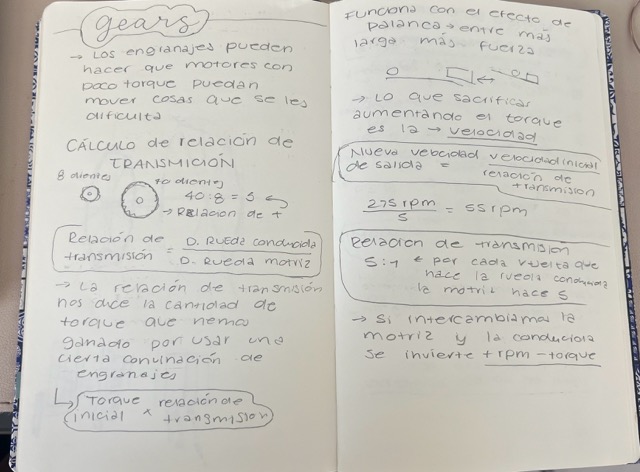 Handwritten notes on gear transmission ratio calculations and the relationships between rotation angle, tooth count, and diameter