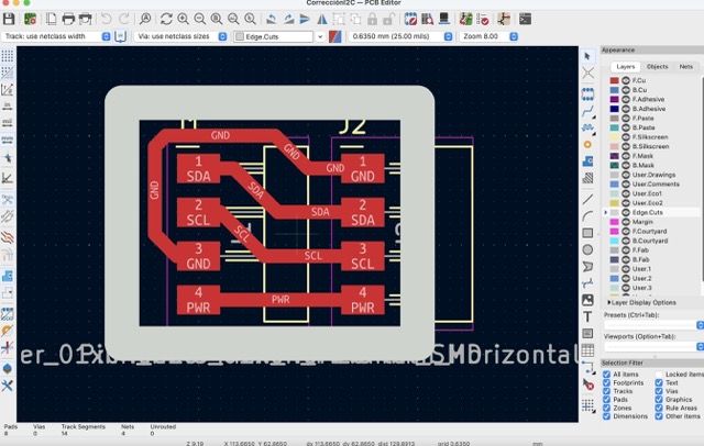 KiCad design of the extra module created to correct the I2C pin order from the main PCB