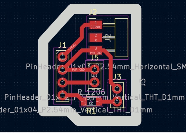 First extra PCB with pin headers for servo and NeoPixel outputs, fabricated on the Monofab