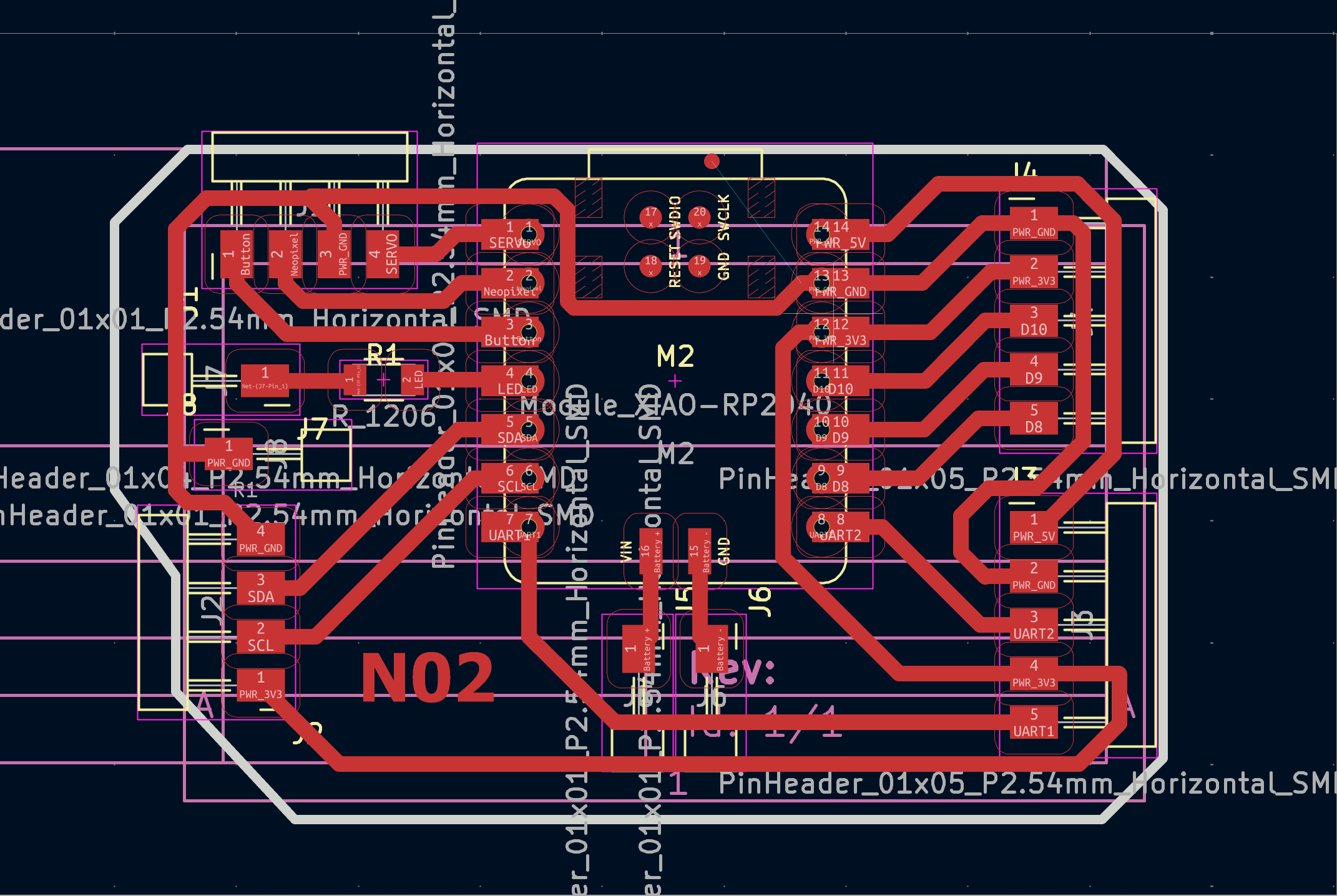 KiCad PCB design result showing the XIAO ESP32-C6 footprint with I2C, UART, pin headers, LED, button, and power connections