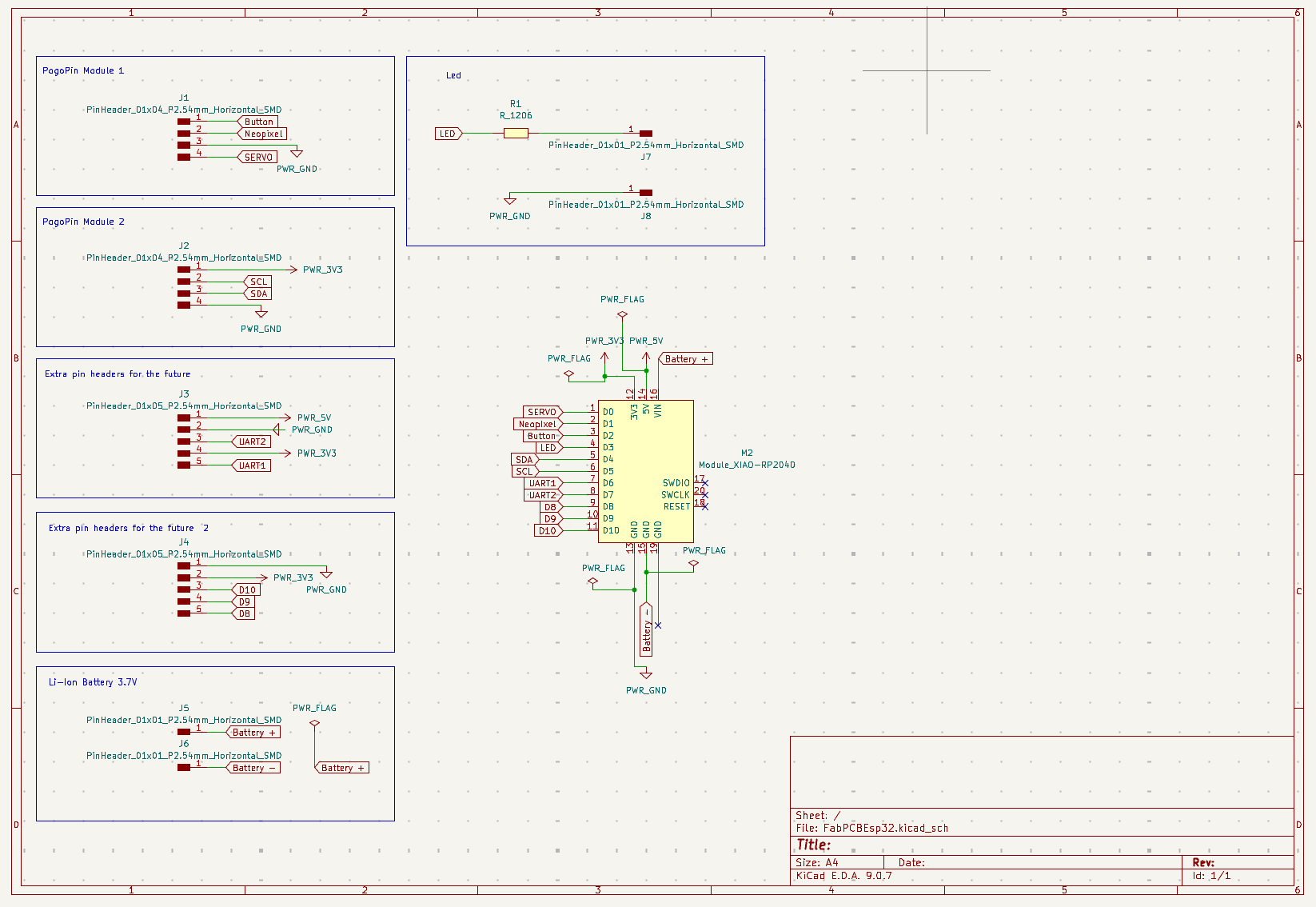 KiCad PCB design result showing the XIAO ESP32-C6 footprint with I2C, UART, pin headers, LED, button, and power connections