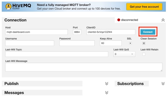 HiveMQ WebSocket client browser page with the Connect button highlighted — no settings changed