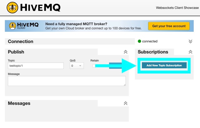 HiveMQ interface showing the Add New Topic Subscription dialog