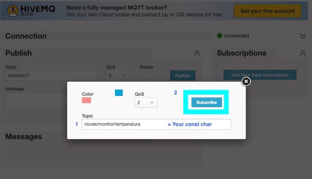 HiveMQ interface with nicole/monitor/eco2, nicole/monitor/tvoc, and nicole/monitor/temperatura topics added