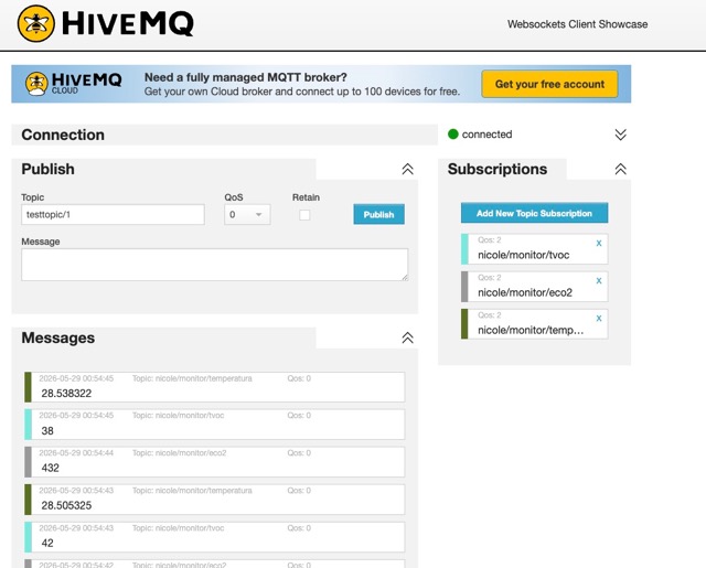 HiveMQ WebSocket client showing live data arriving for all three topics in real time