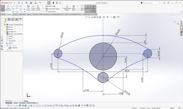 SolidWorks sketch of the page holder with thumb-hole dimensions