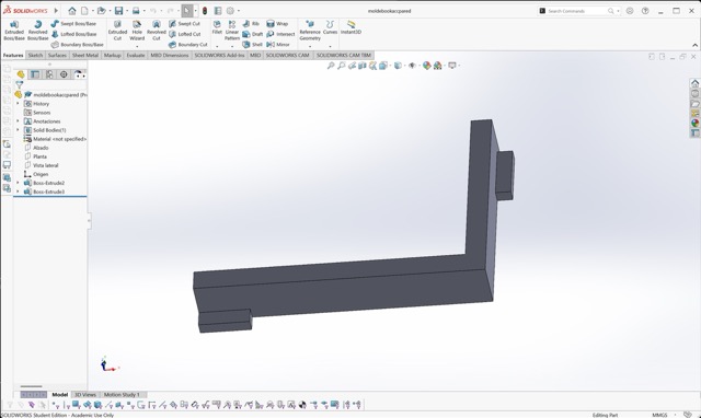 SolidWorks model of the mold wall piece, which is printed twice to form both sides of the mold