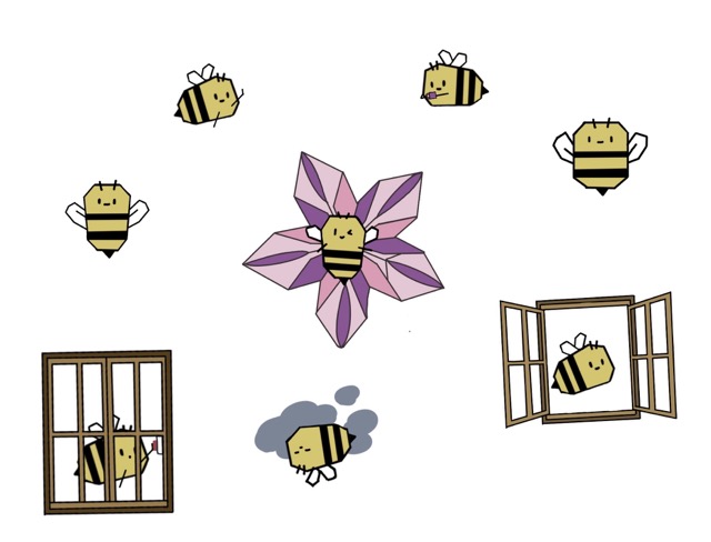 Hand-drawn bee sketches exploring different geometric-style bee forms to match the visual language of the origami structure