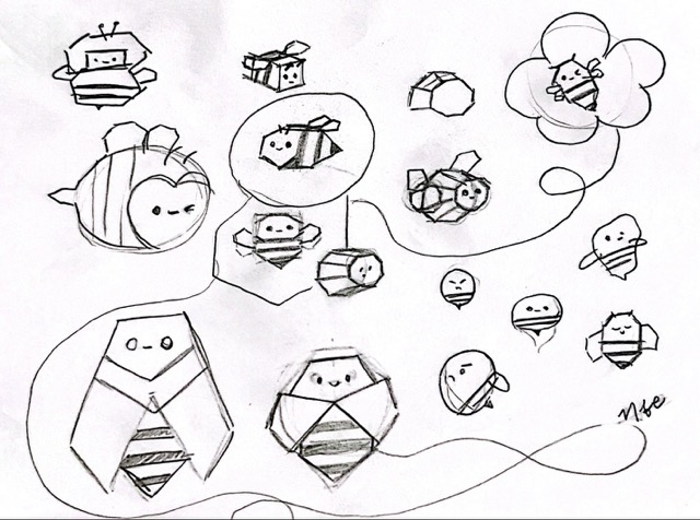 Hand-drawn bee sketches exploring different geometric-style bee forms to match the visual language of the origami structure